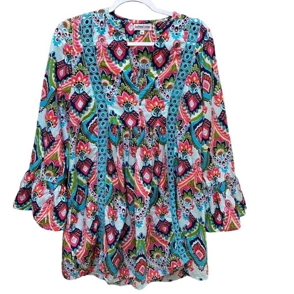 Buckhead Betties Bright Multicolor Boho 3/4 Sleeve Flowy Tunic Gypsy M‎